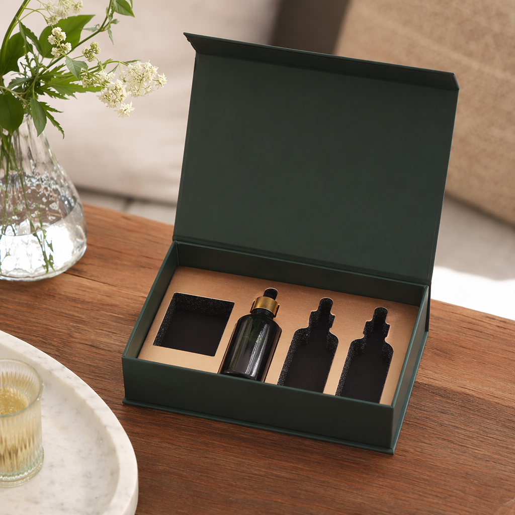 A green gift box set of three bottles of essential oil, a natural plant fragrance, is an ideal choice for giving as a gift details Picture