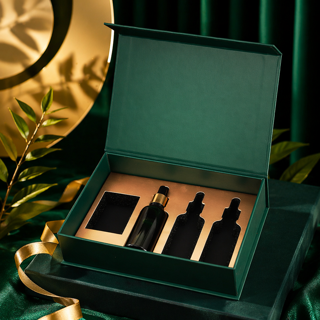 A green gift box set of three bottles of essential oil, a natural plant fragrance, is an ideal choice for giving as a gift Specification image