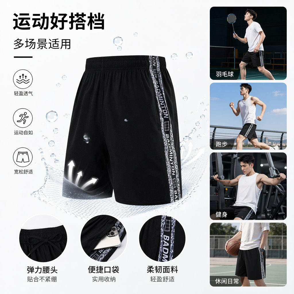黑色运动短裤 男款垂感抗皱健身跑步日常百搭短裤