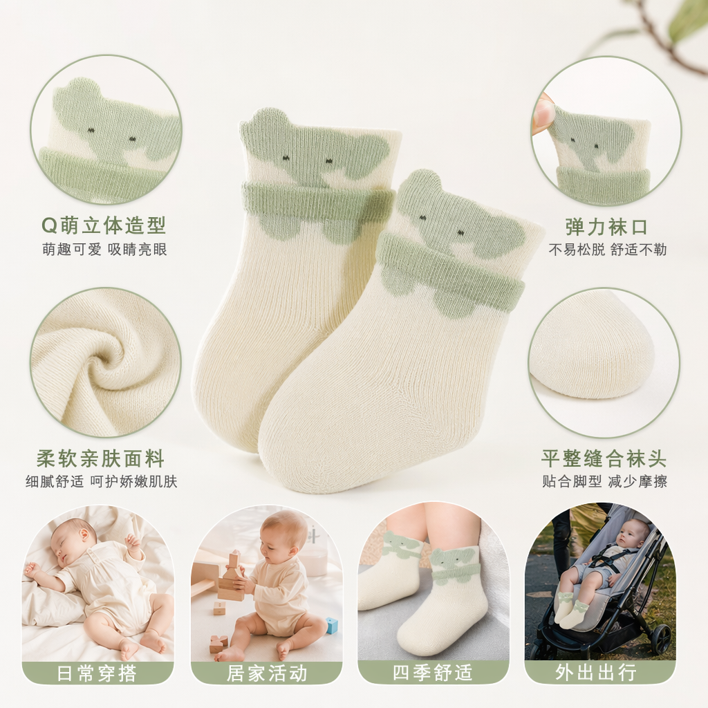 浅绿色小象图案婴儿纯棉袜子 男女宝宝春秋款