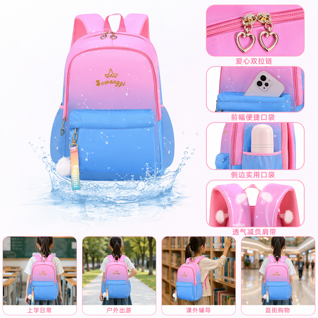 This pink gradient blue starry sky pattern backpack is fashionable, lightweight and has a large capacity for student commuting