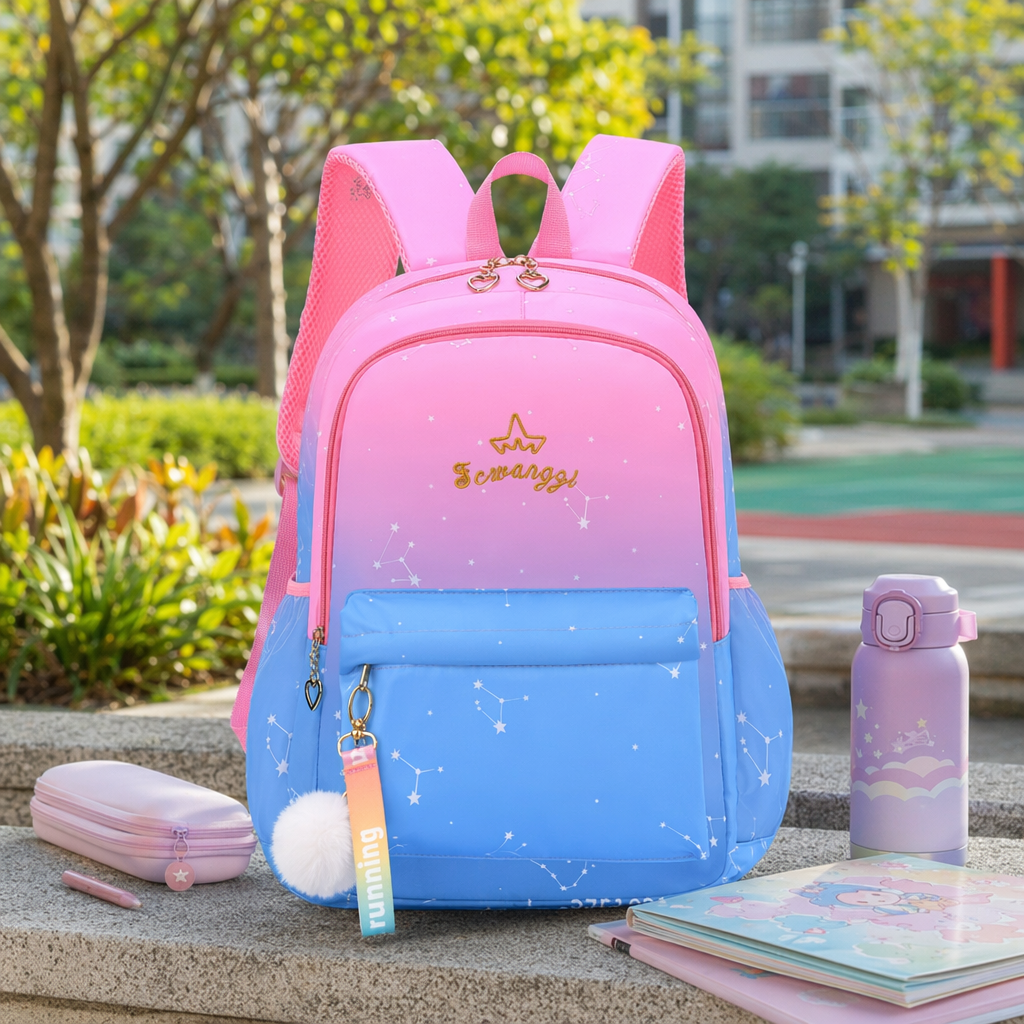 This pink gradient blue starry sky pattern backpack is fashionable, lightweight and has a large capacity for student commuting details Picture