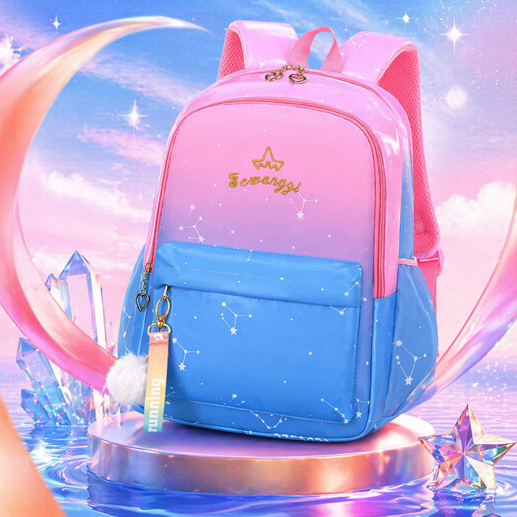 This pink gradient blue starry sky pattern backpack is fashionable, lightweight and has a large capacity for student commuting Specification image