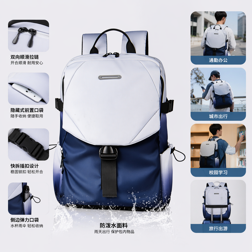 蓝白渐变时尚休闲双肩背包男女通用轻便大容量