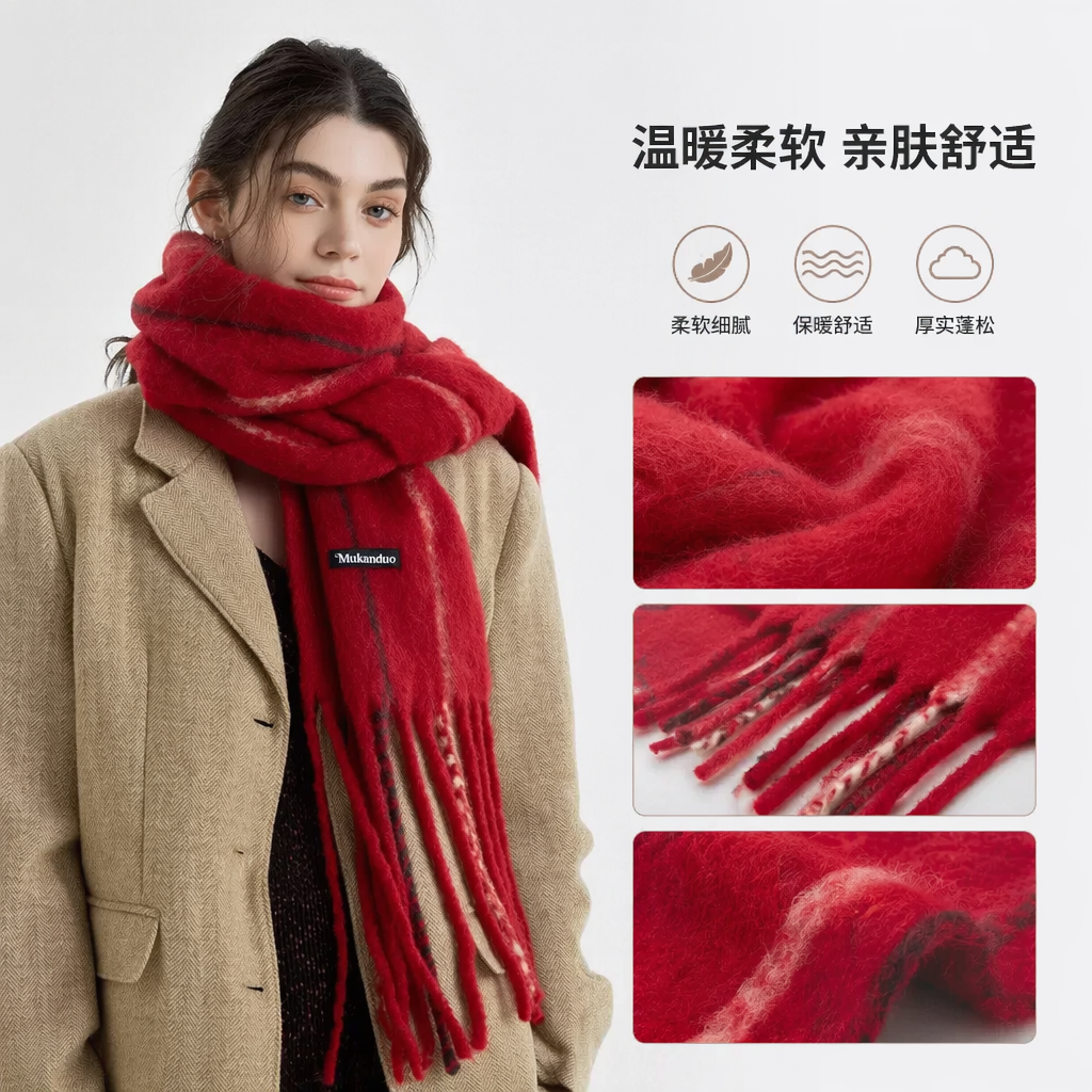 红色女士围巾秋冬保暖纯棉加厚百搭时尚图