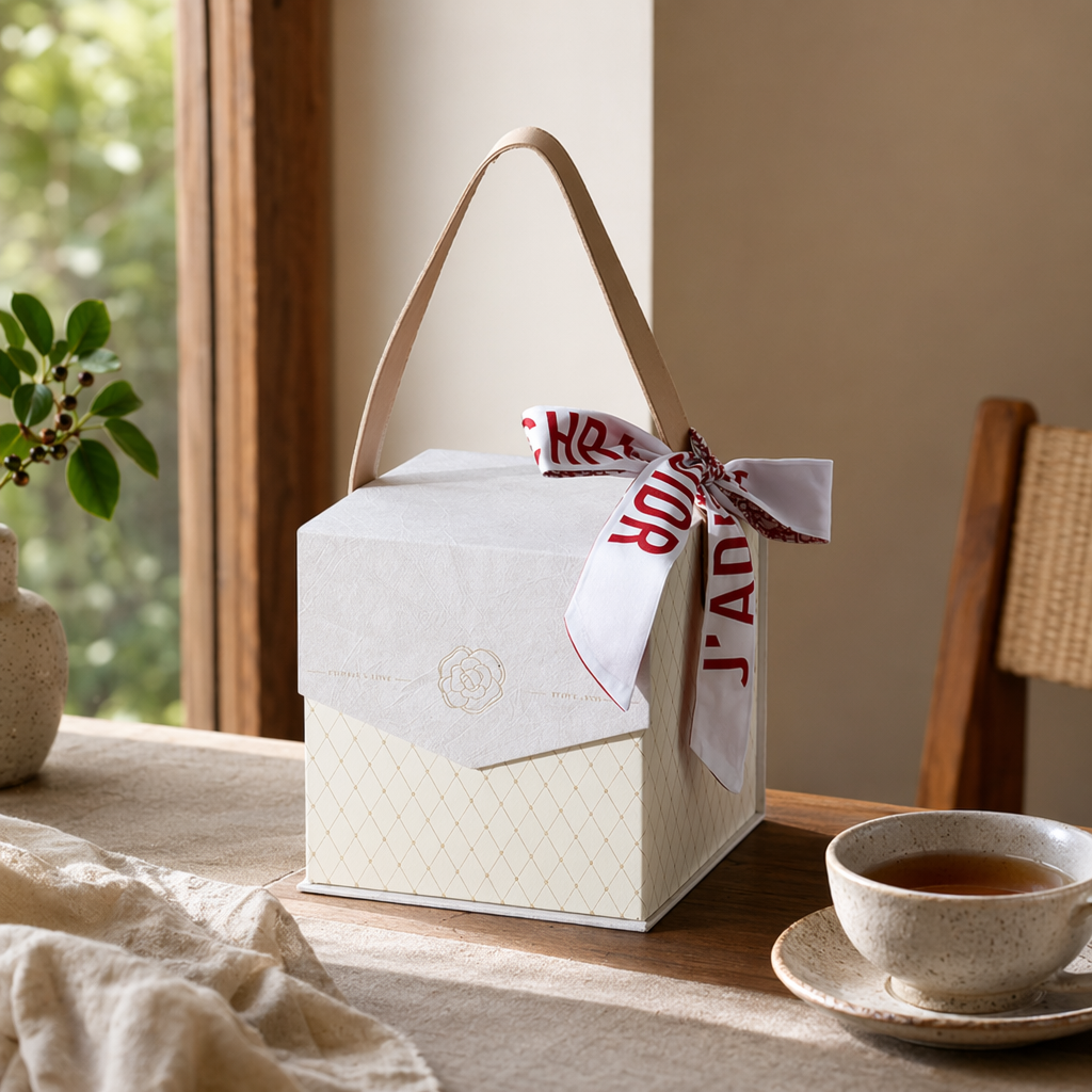 The off-white textured diamond-shaped checkered hand-held gift box is printed with red and white ribbon characters details Picture
