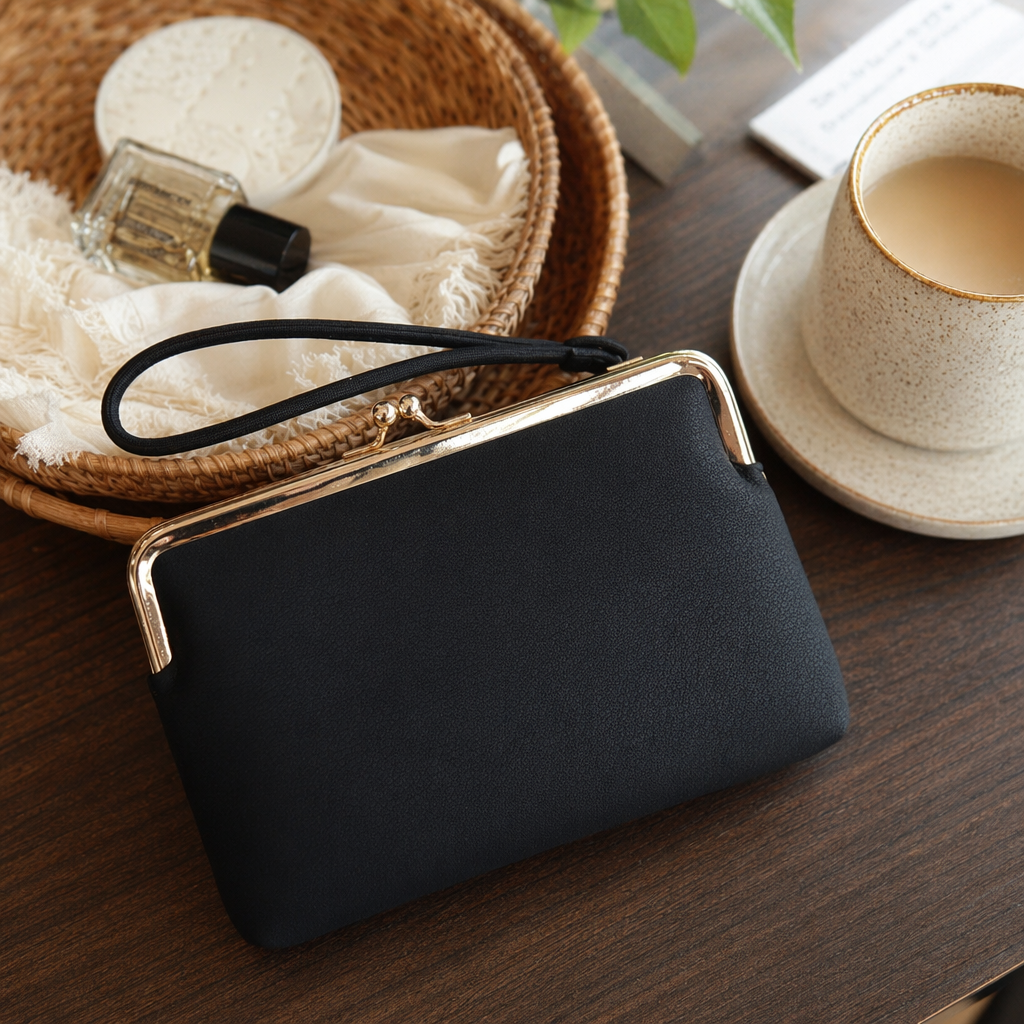 A black clutch with a golden metal buckle and a black wristband details Picture