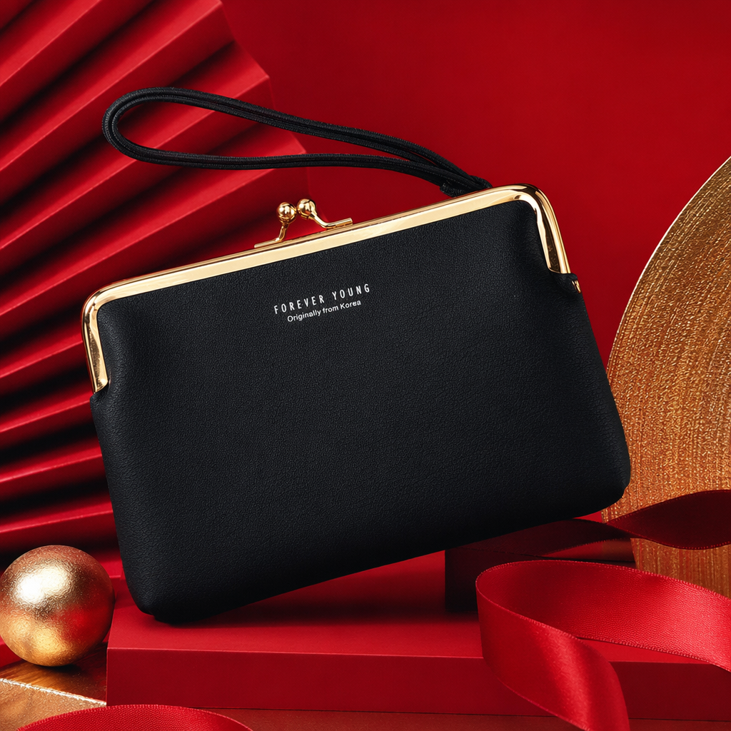 A black clutch with a golden metal buckle and a black wristband Specification image