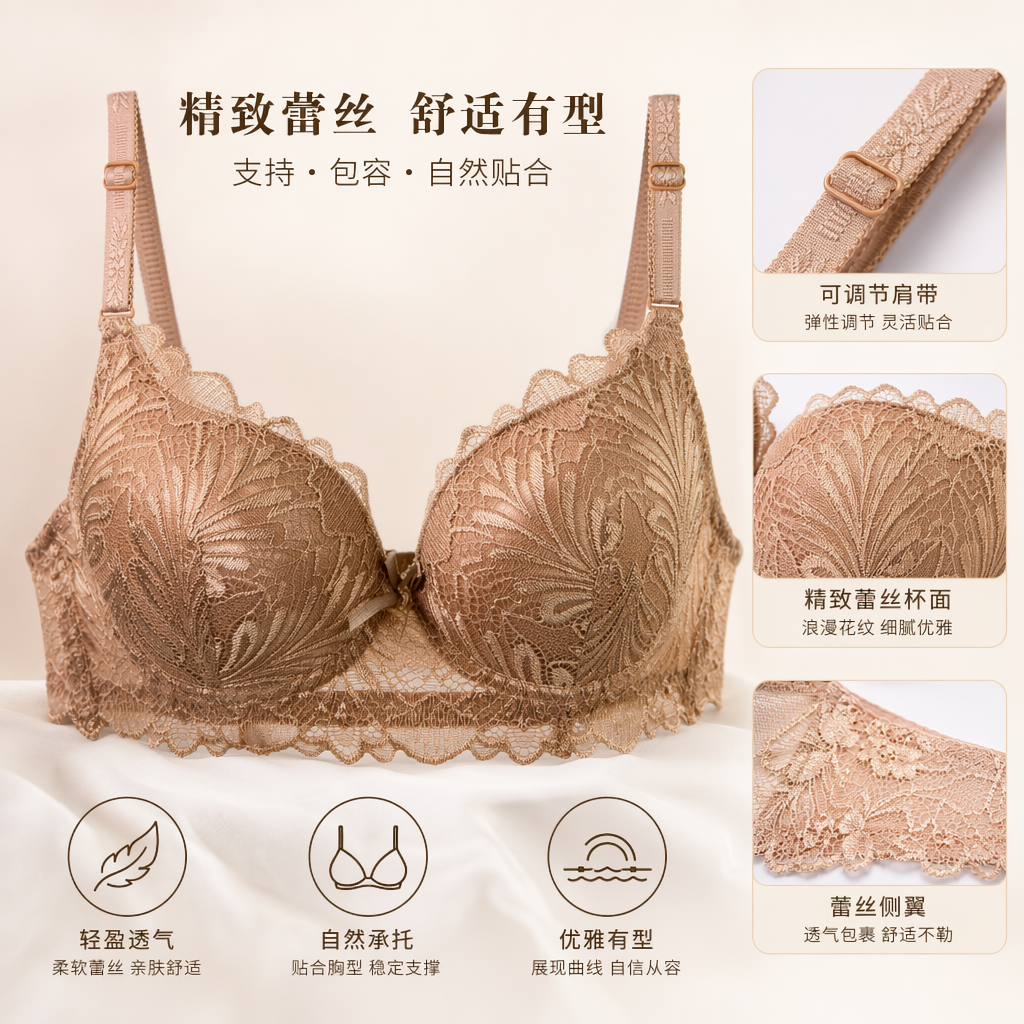 金色蕾丝女士文胸聚拢无钢圈舒适透气内衣