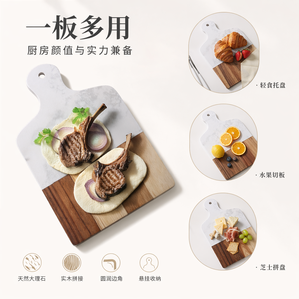 Grilled lamb chops with pancake rolls on a white marble-patterned wooden cutting board