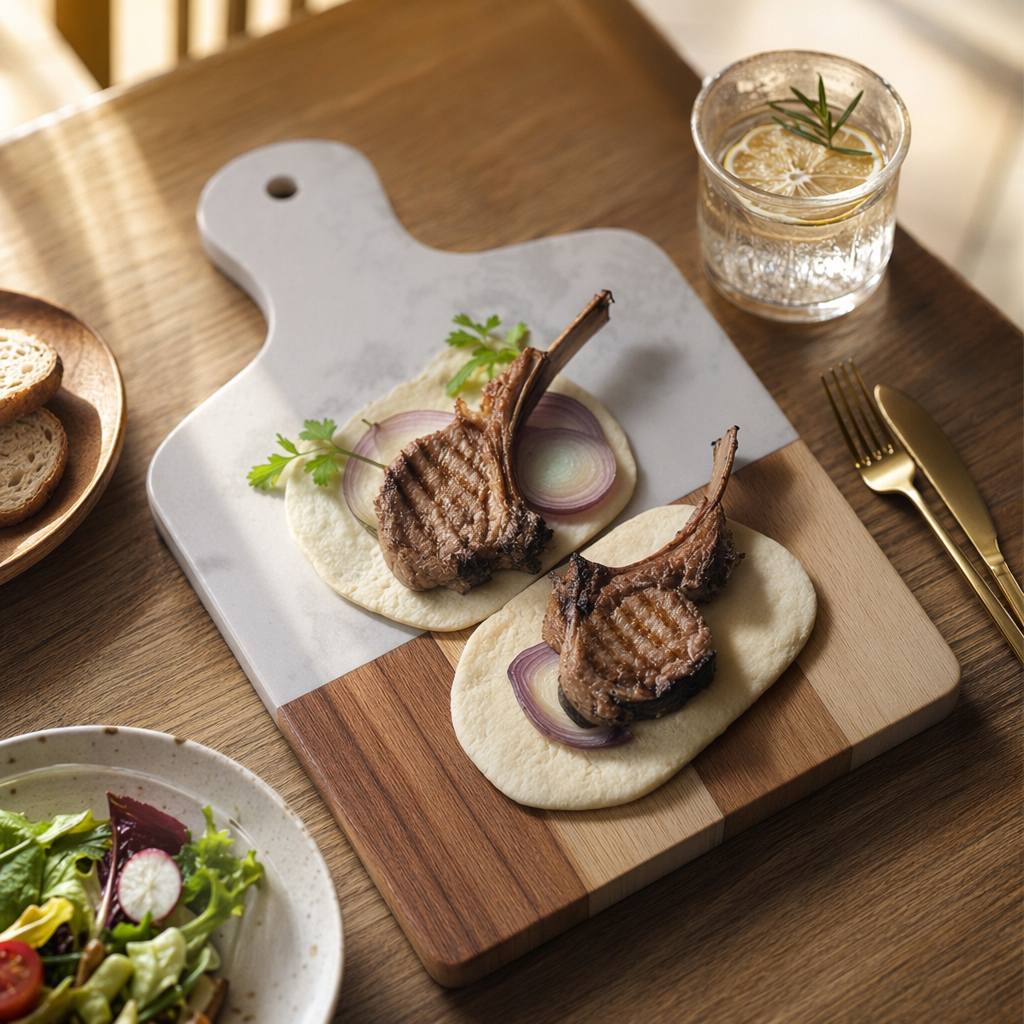 Grilled lamb chops with pancake rolls on a white marble-patterned wooden cutting board details Picture
