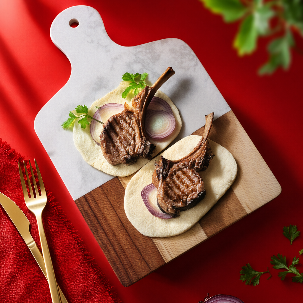 Grilled lamb chops with pancake rolls on a white marble-patterned wooden cutting board Specification image