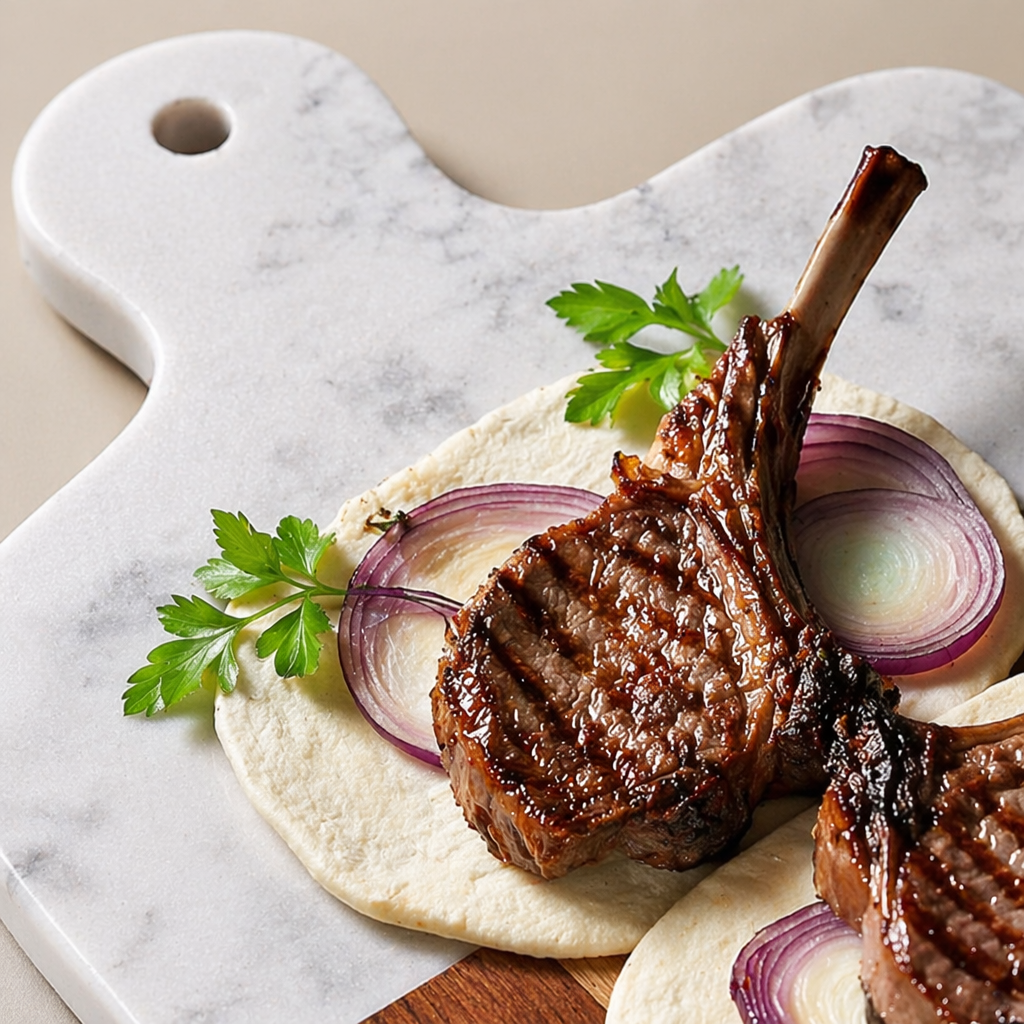 Grilled lamb chops with pancake rolls on a white marble-patterned wooden cutting board Application Scenario