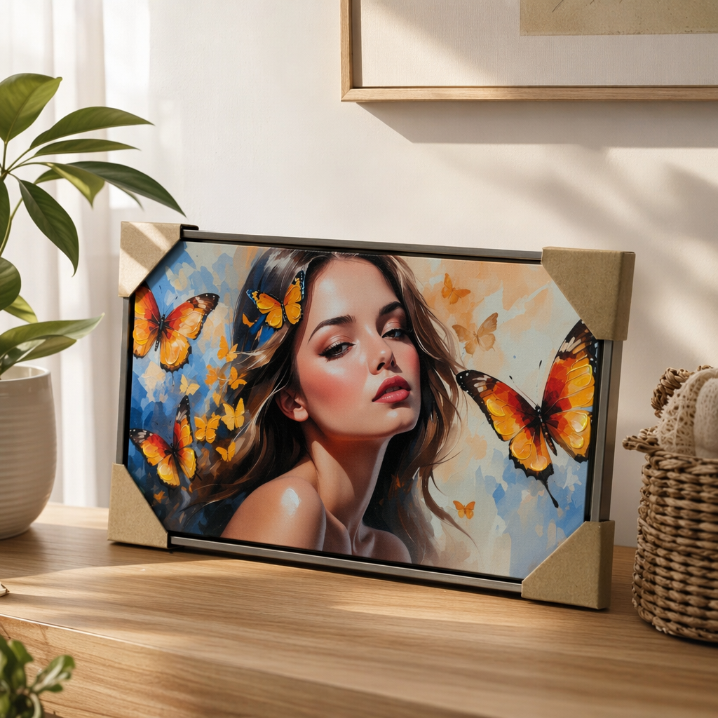 彩色蝴蝶少女画作产品图