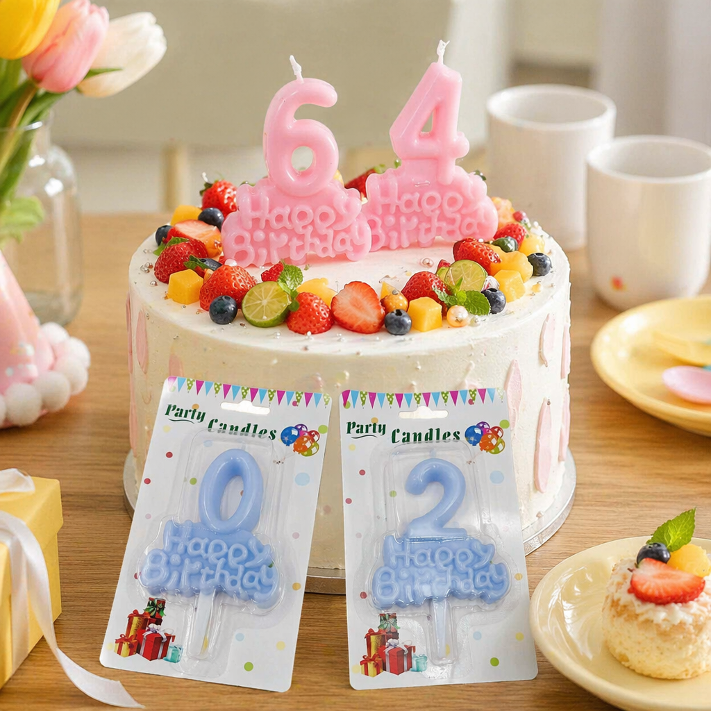 Colorful Birthday candles with digital shapes and the words "Happy Birthday" on them details Picture