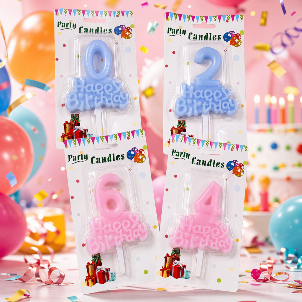 Colorful Birthday candles with digital shapes and the words "Happy Birthday" on them Specification image