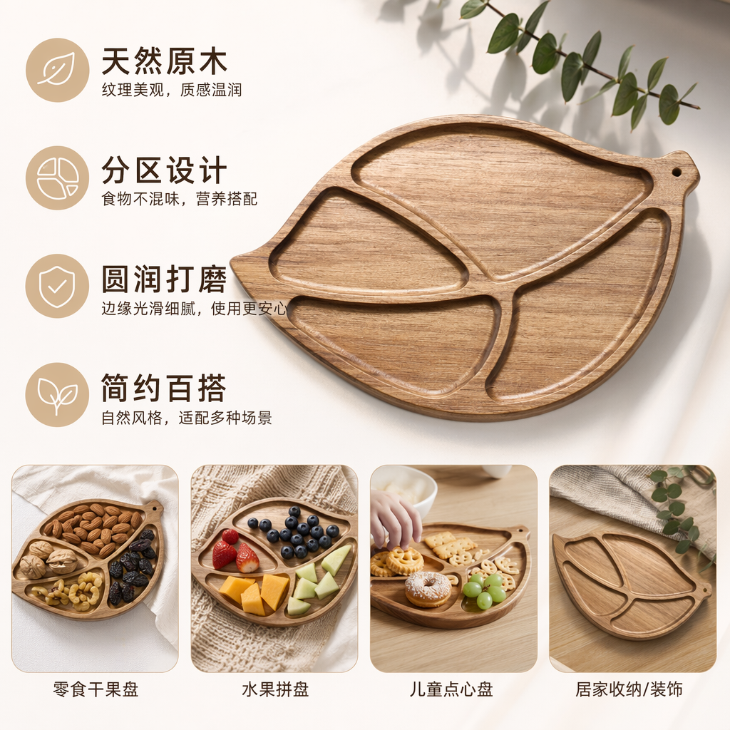 木质叶形分格盘家用厨房收纳盘北欧风创意餐具托盘