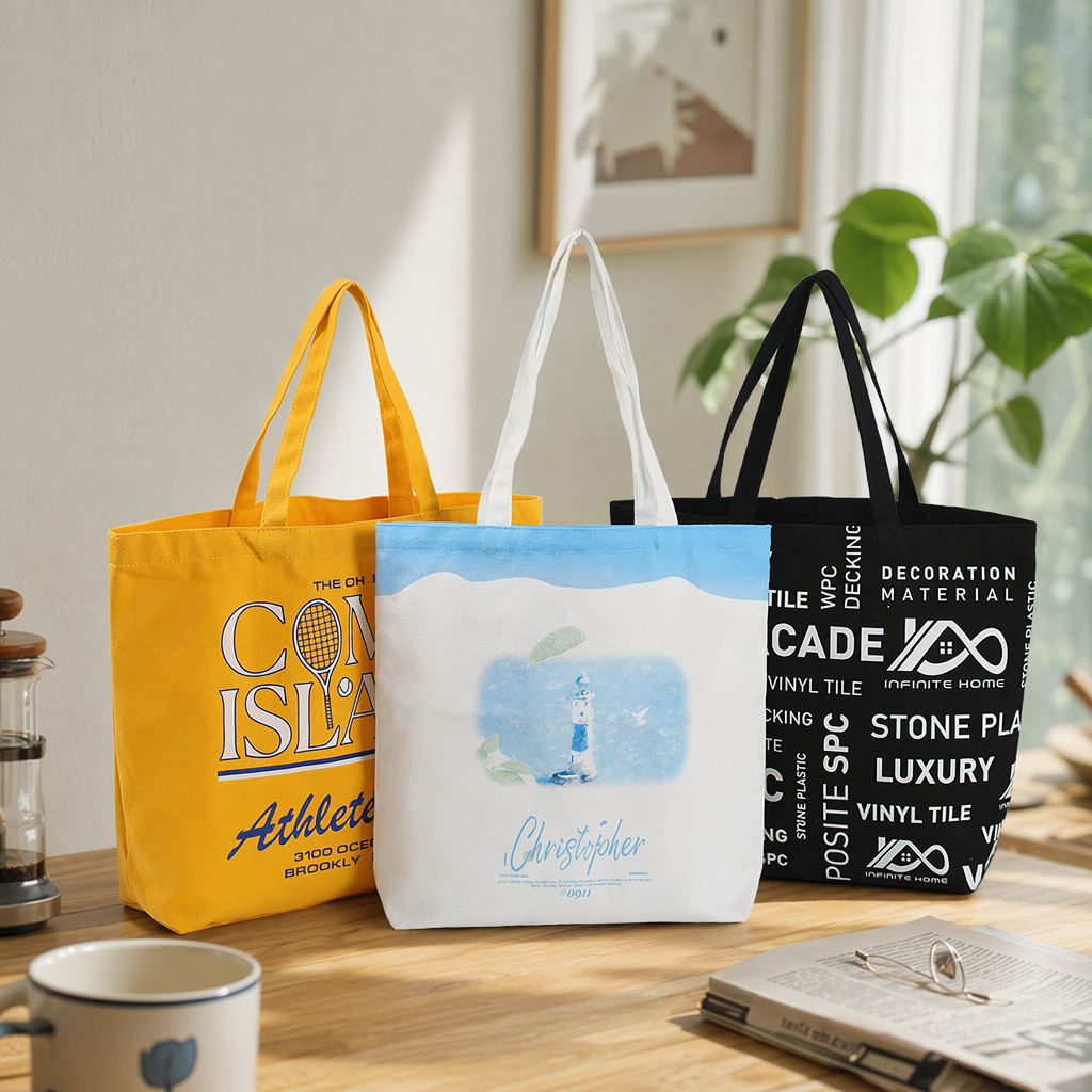Three simple and solid color canvas bags in yellow, white and black for hand-held shopping details Picture