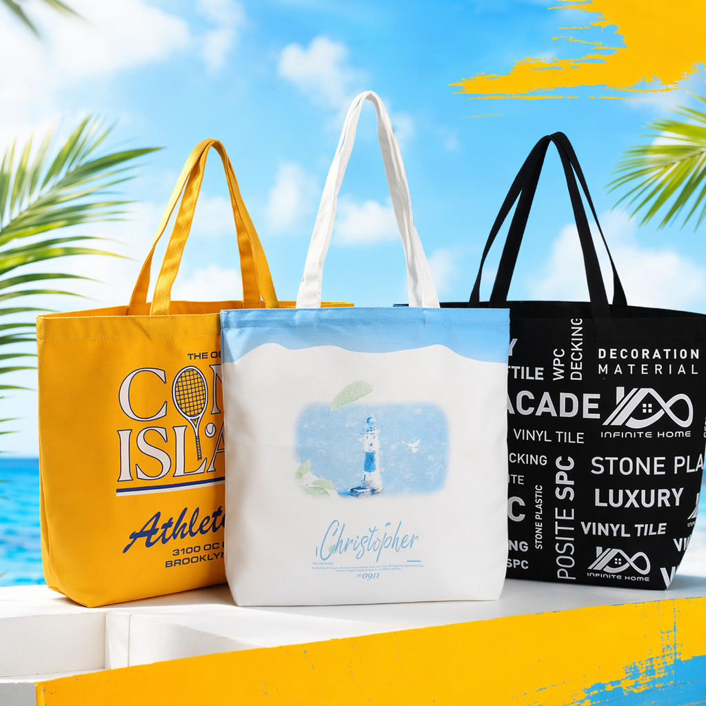 Three simple and solid color canvas bags in yellow, white and black for hand-held shopping Specification image