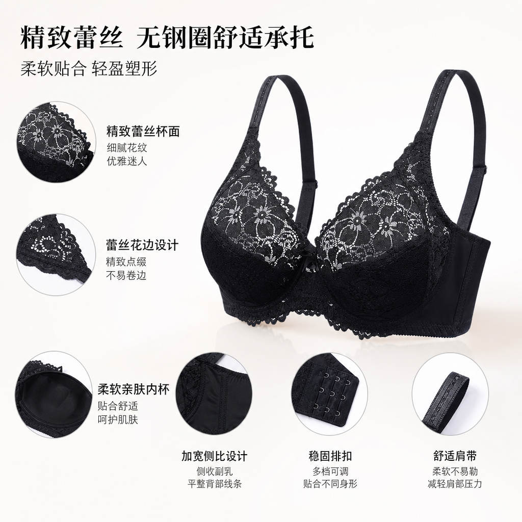 黑色蕾丝文胸真丝混纺轻盈无压日常穿搭内衣