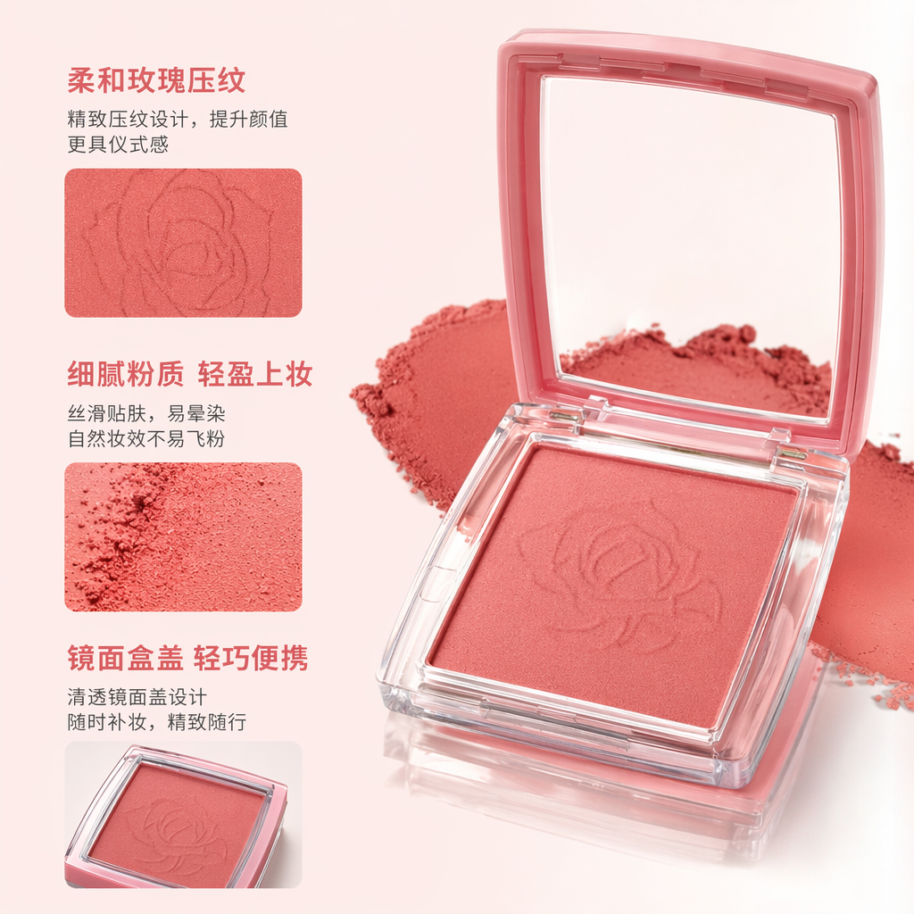 OEM各种品牌高质量腮红粉色方形腮红盒 玫瑰压花橙红色闪粉腮红