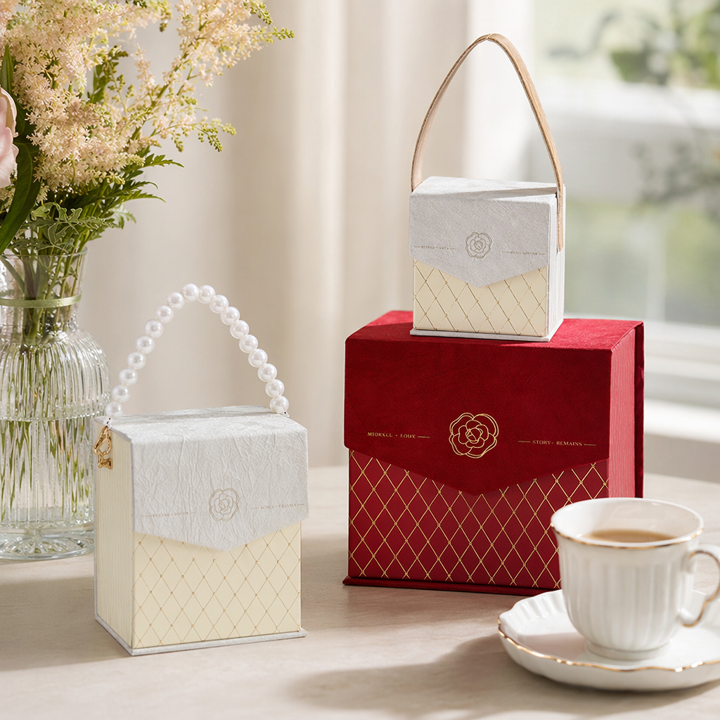 Red and off-white gift box handbag set with pearl leather handle decoration details Picture