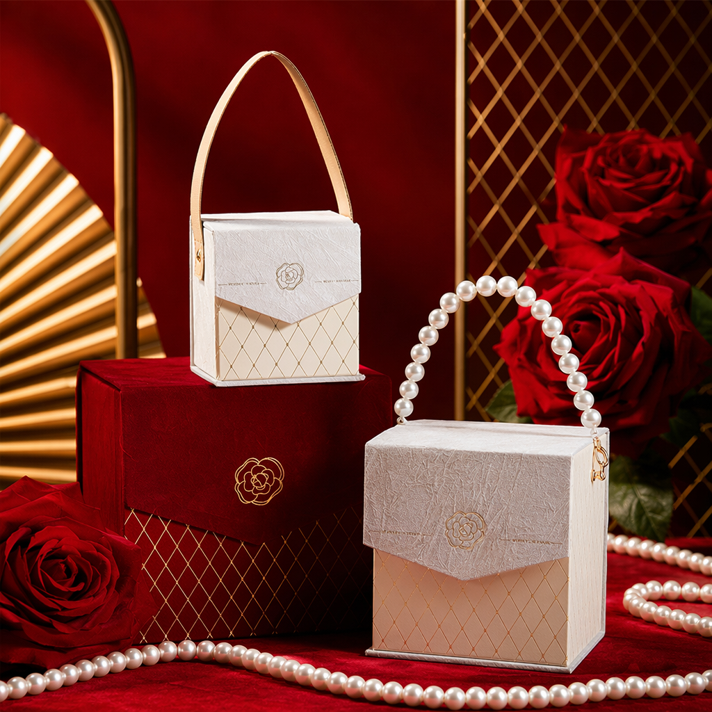 Red and off-white gift box handbag set with pearl leather handle decoration Specification image