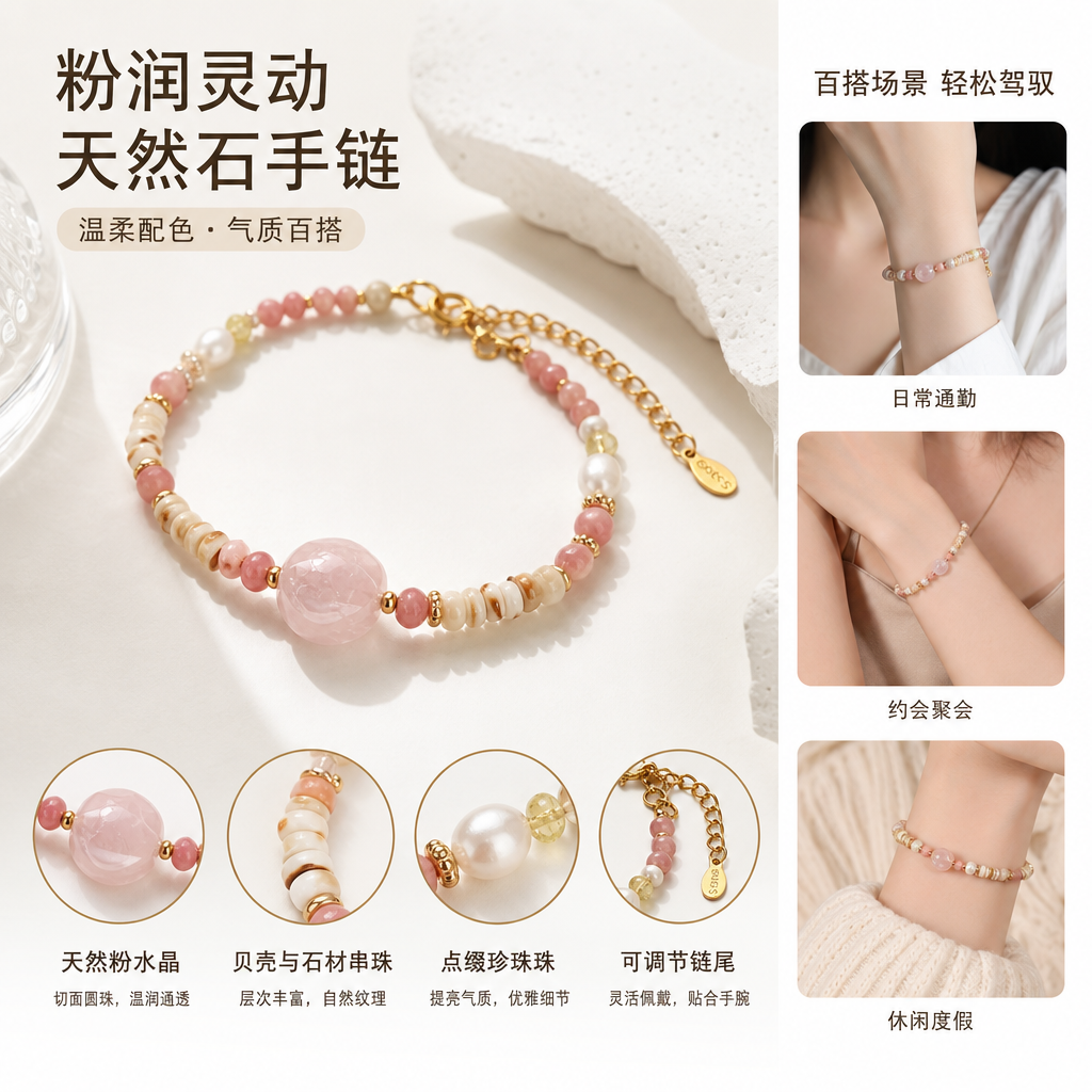 粉色心形吊坠手链简约时尚女生饰品
