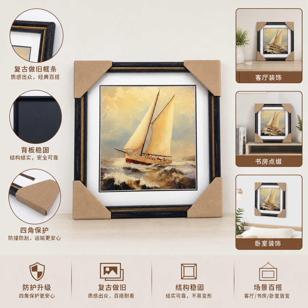 深色画框装裱帆船油画 白色帆船航行波涛中