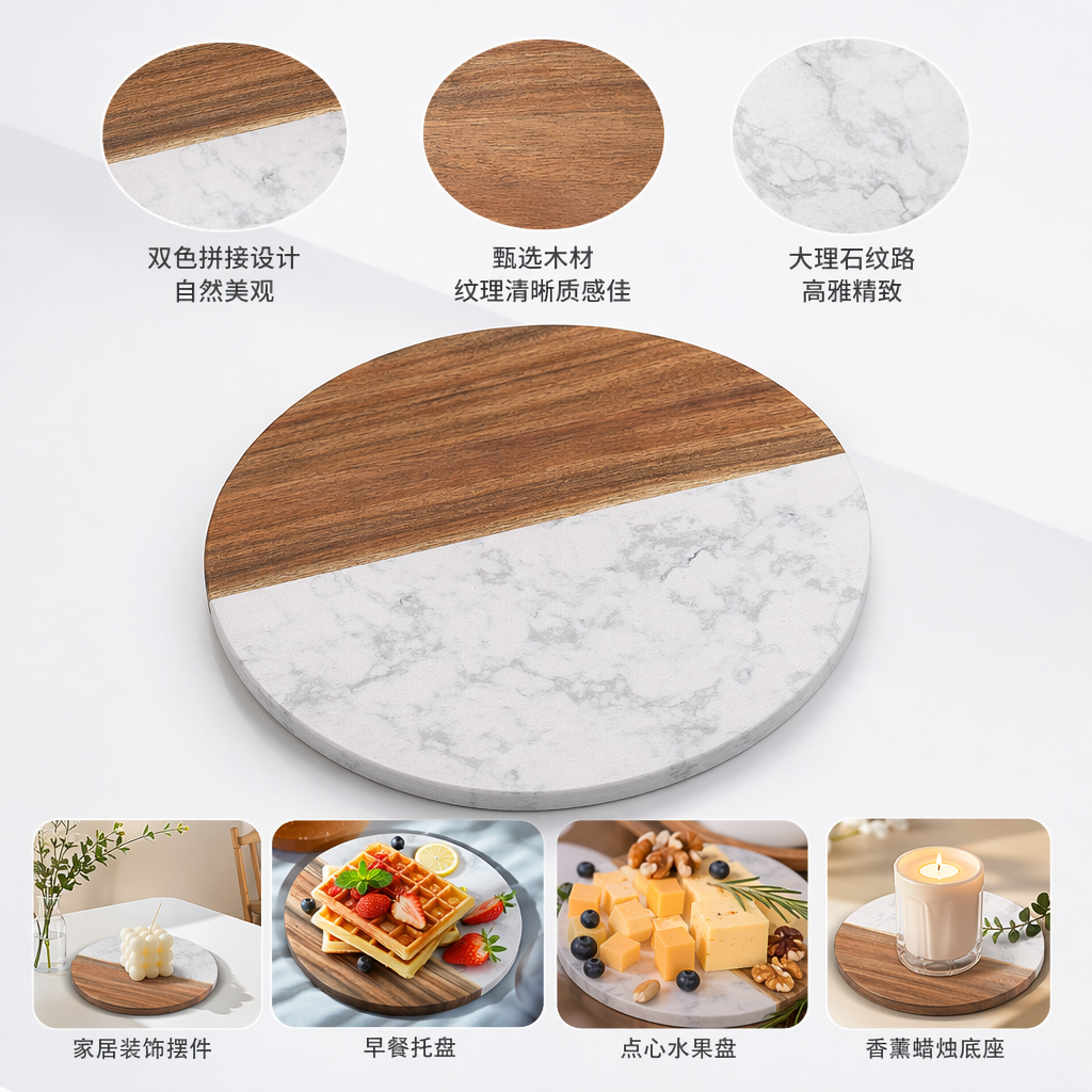 Wooden and marble spliced round cutting board, natural wood grain marble countertop kitchen cutting board