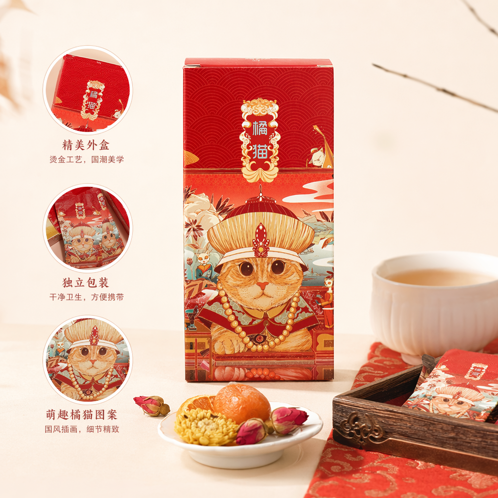 橘猫插画红色硬质礼品盒节日伴手礼包装盒