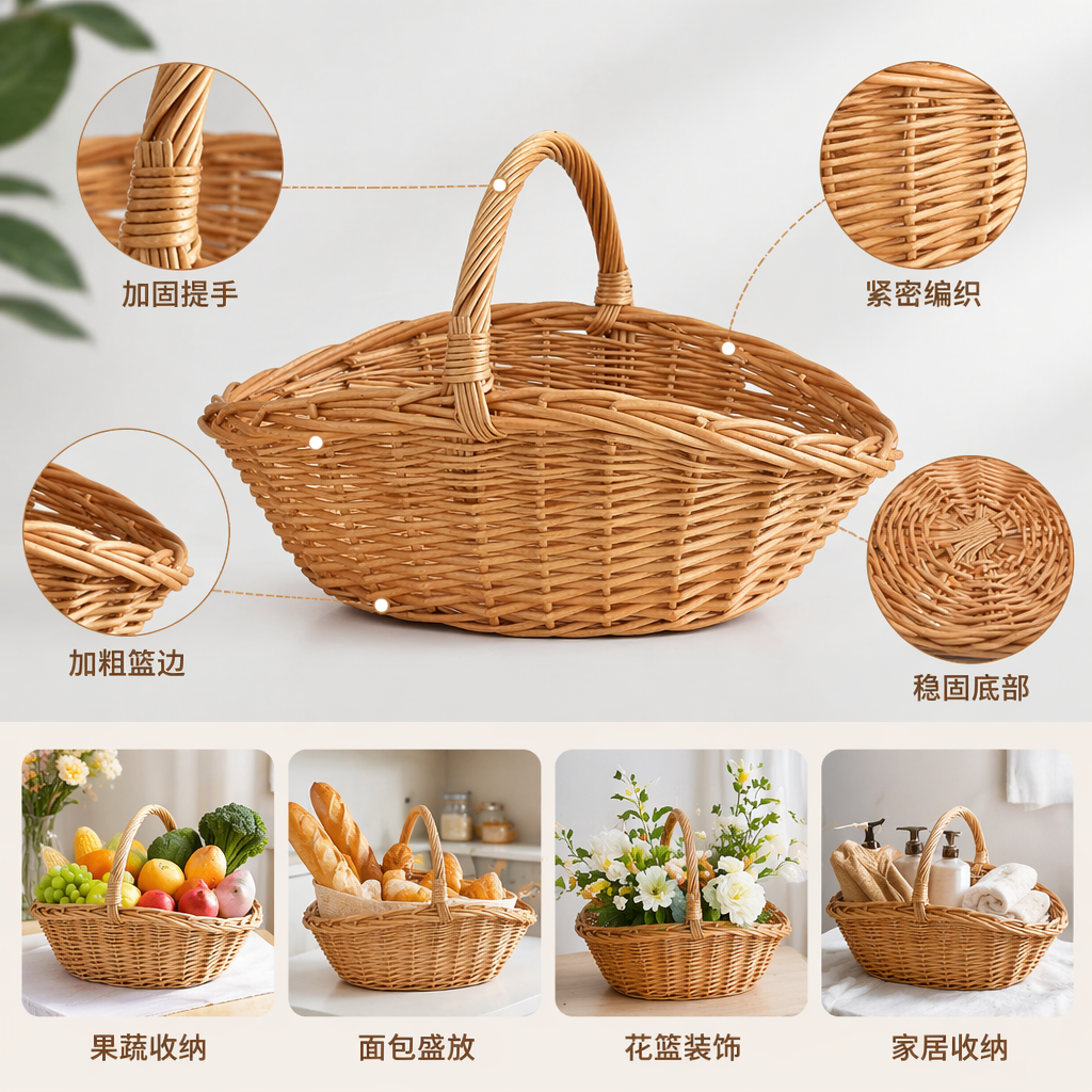 浅棕色藤编收纳篮子家用储物篮编织工艺环保自然风