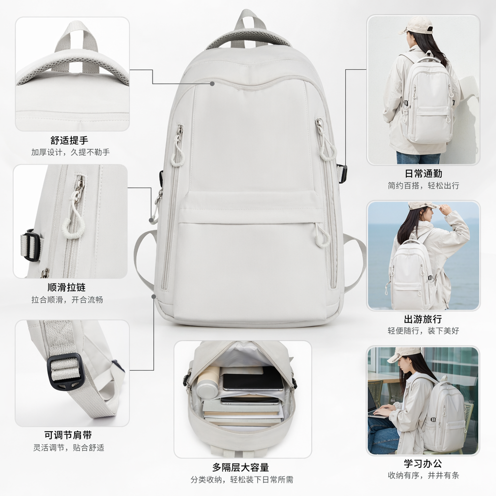浅灰色双肩包尼龙防水轻便通勤上班族商务休闲背包