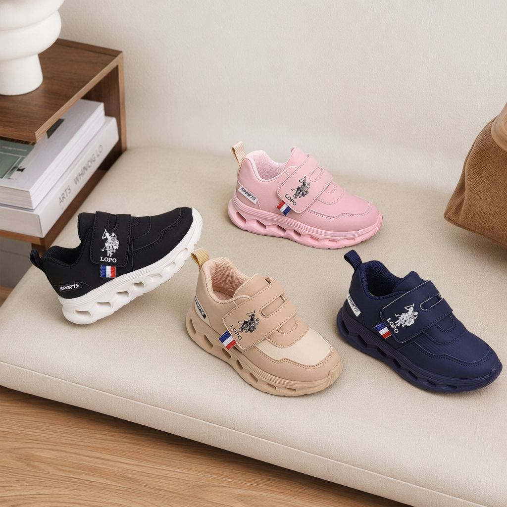 LOPO children's sports shoes in pink, black, khaki, deep blue, EVA light sole, Velcro and French flag stripes details Picture