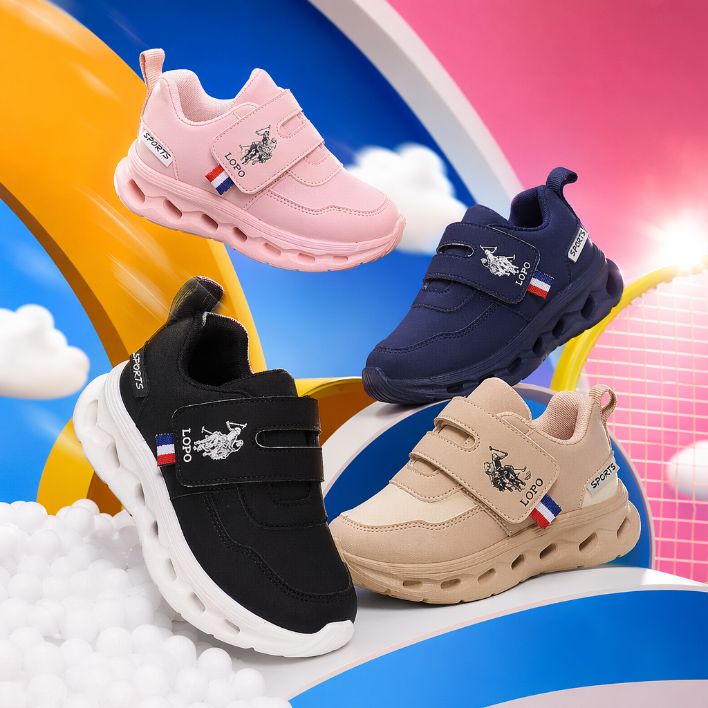 LOPO children's sports shoes in pink, black, khaki, deep blue, EVA light sole, Velcro and French flag stripes Specification image