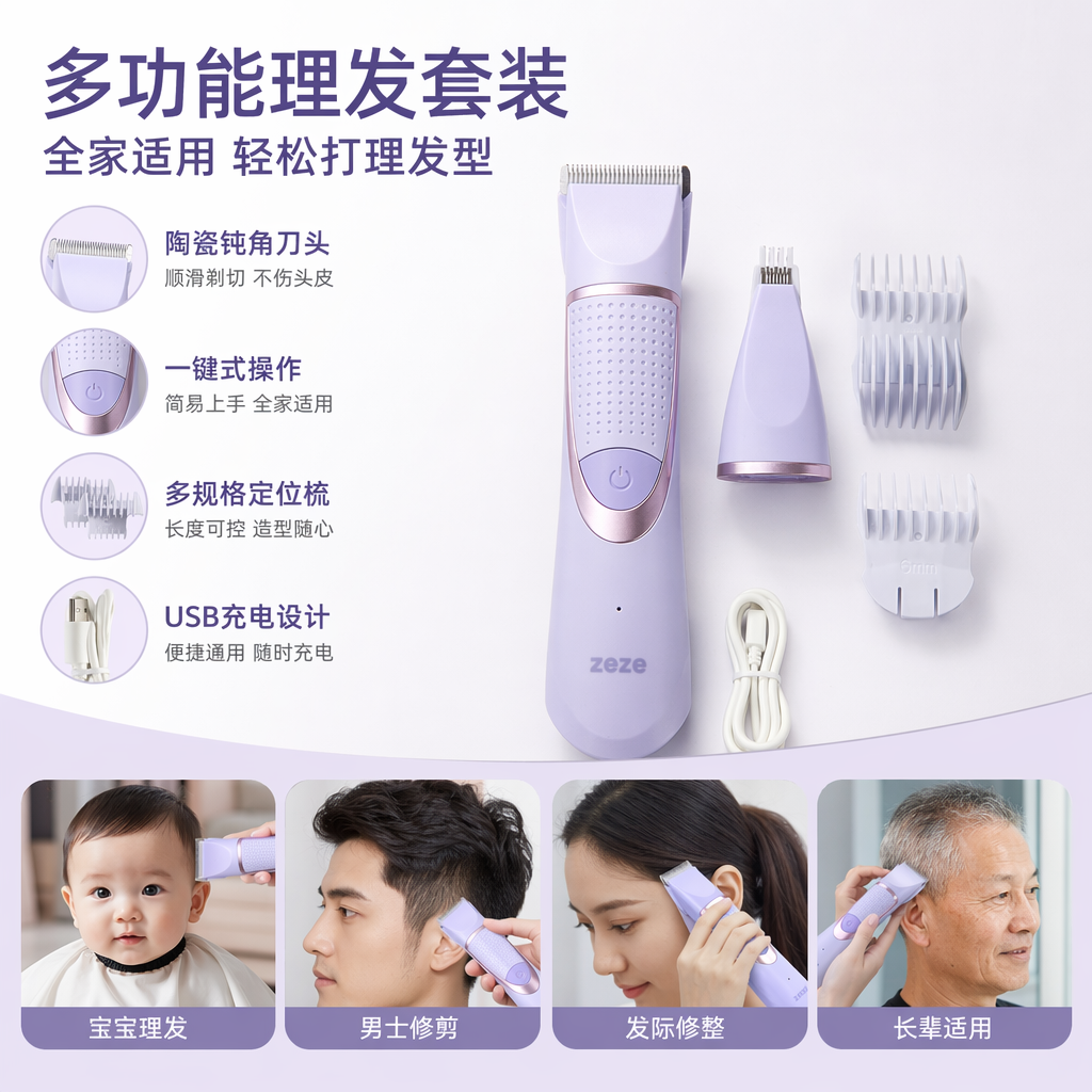 淡紫色电动理发器套装 家用静音剃头剪发器含配件