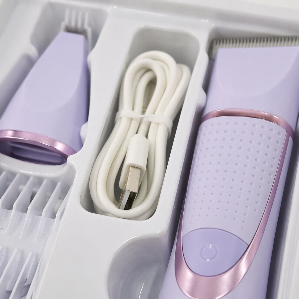 Light purple electric hair clipper set, home silent hair clipper with accessories Application Scenario
