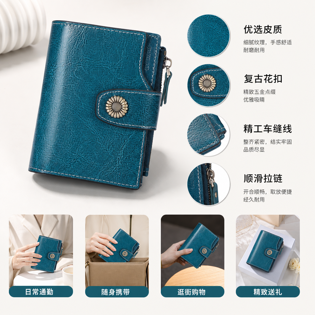 Blue leather men's long wallet, genuine leather simple business casual change slot