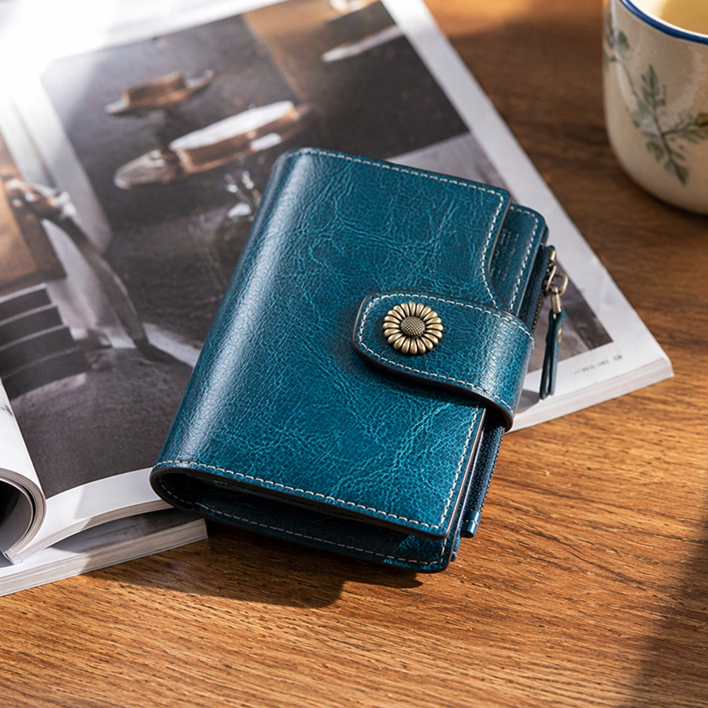 Blue leather men's long wallet, genuine leather simple business casual change slot details Picture