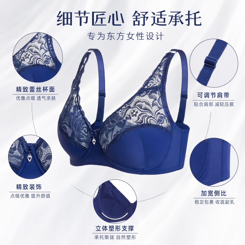 深蓝色蕾丝聚拢无钢圈文胸 舒适透气女士内衣