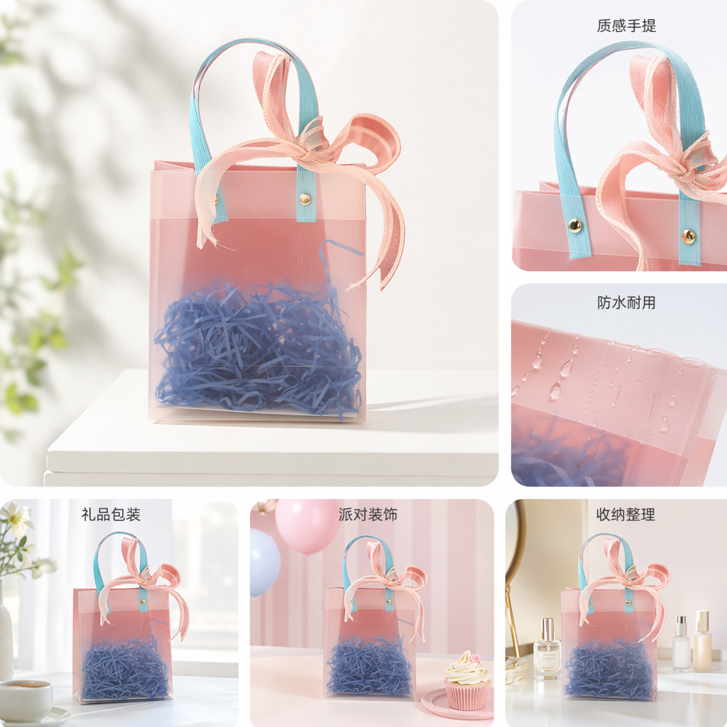 透明礼品袋配浅蓝粉色丝带手柄内含蓝色碎纸条
