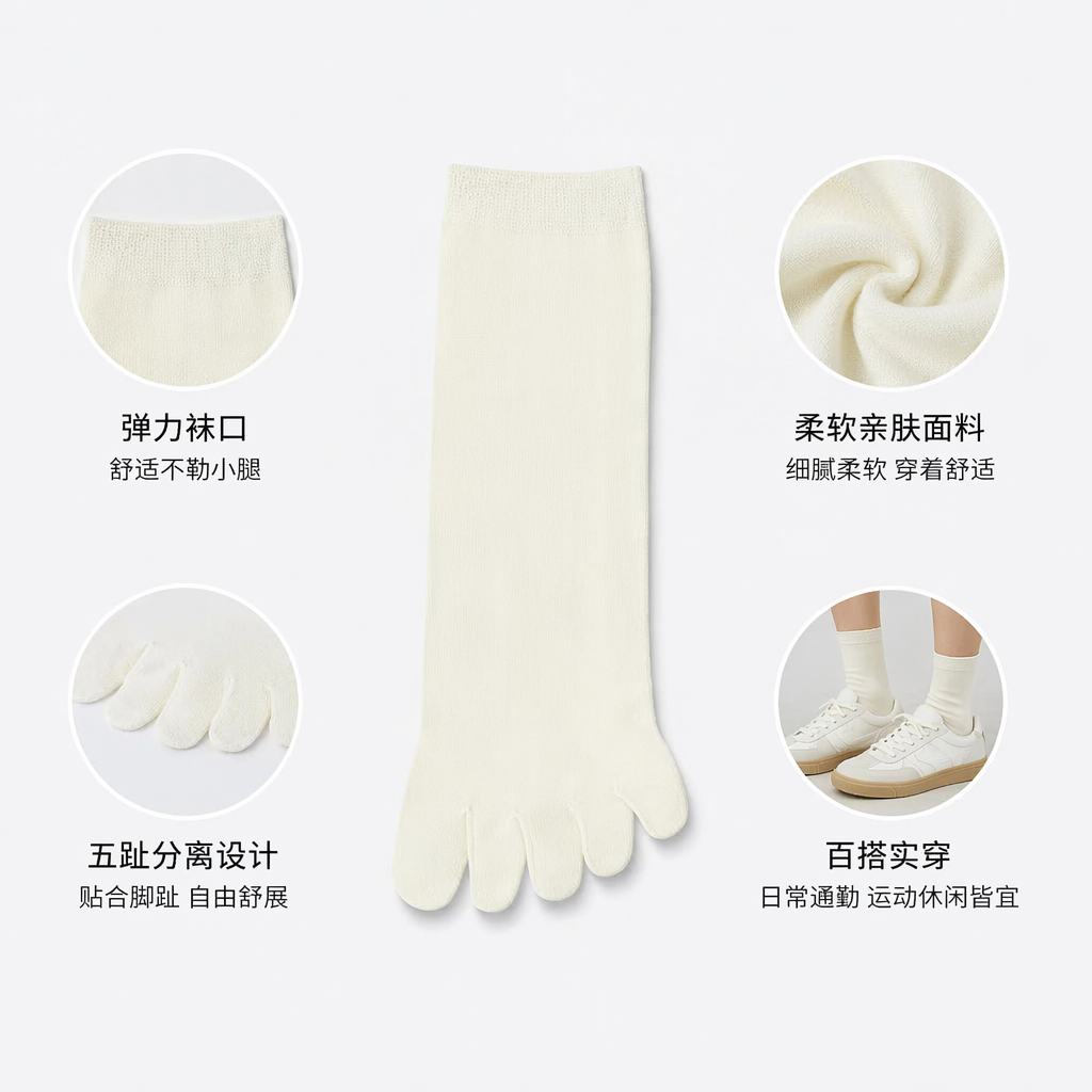 浅黄蚕丝五指抑菌袜 透气吸湿防臭男女同款