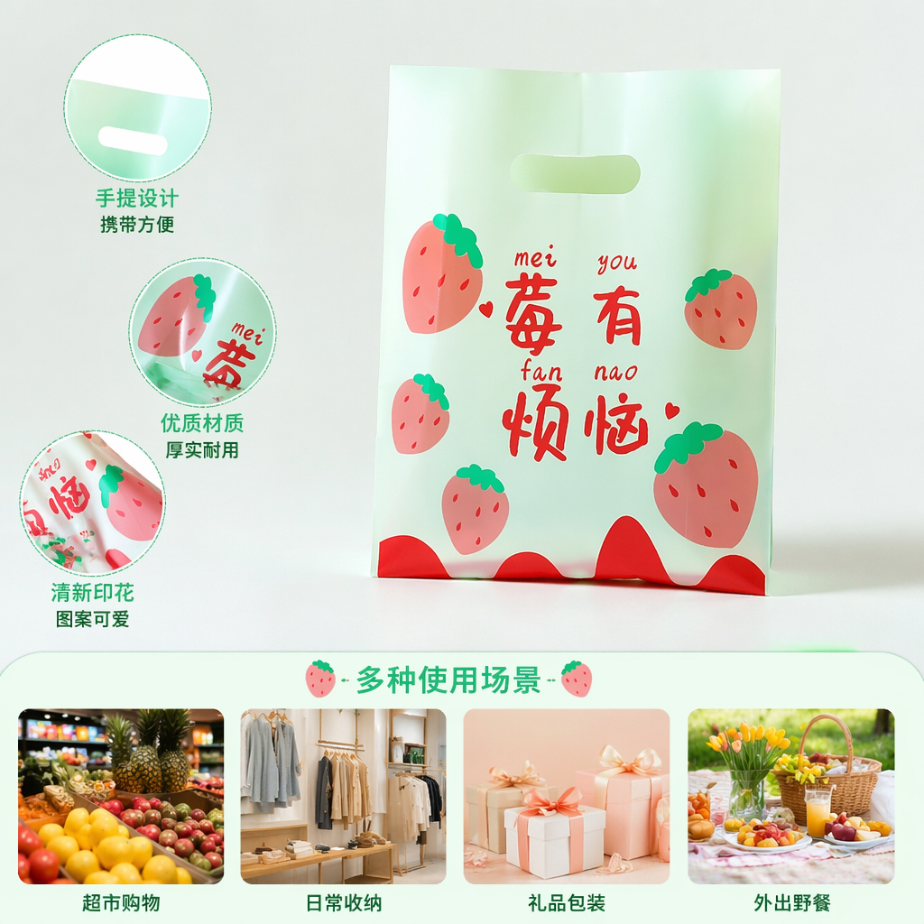 绿色草莓图案塑料袋 宽20cm高30cm 食品级加厚承重