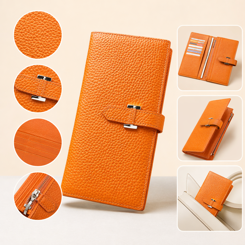 Orange textured leather wallet, a simple and fashionable long leather change card case for women