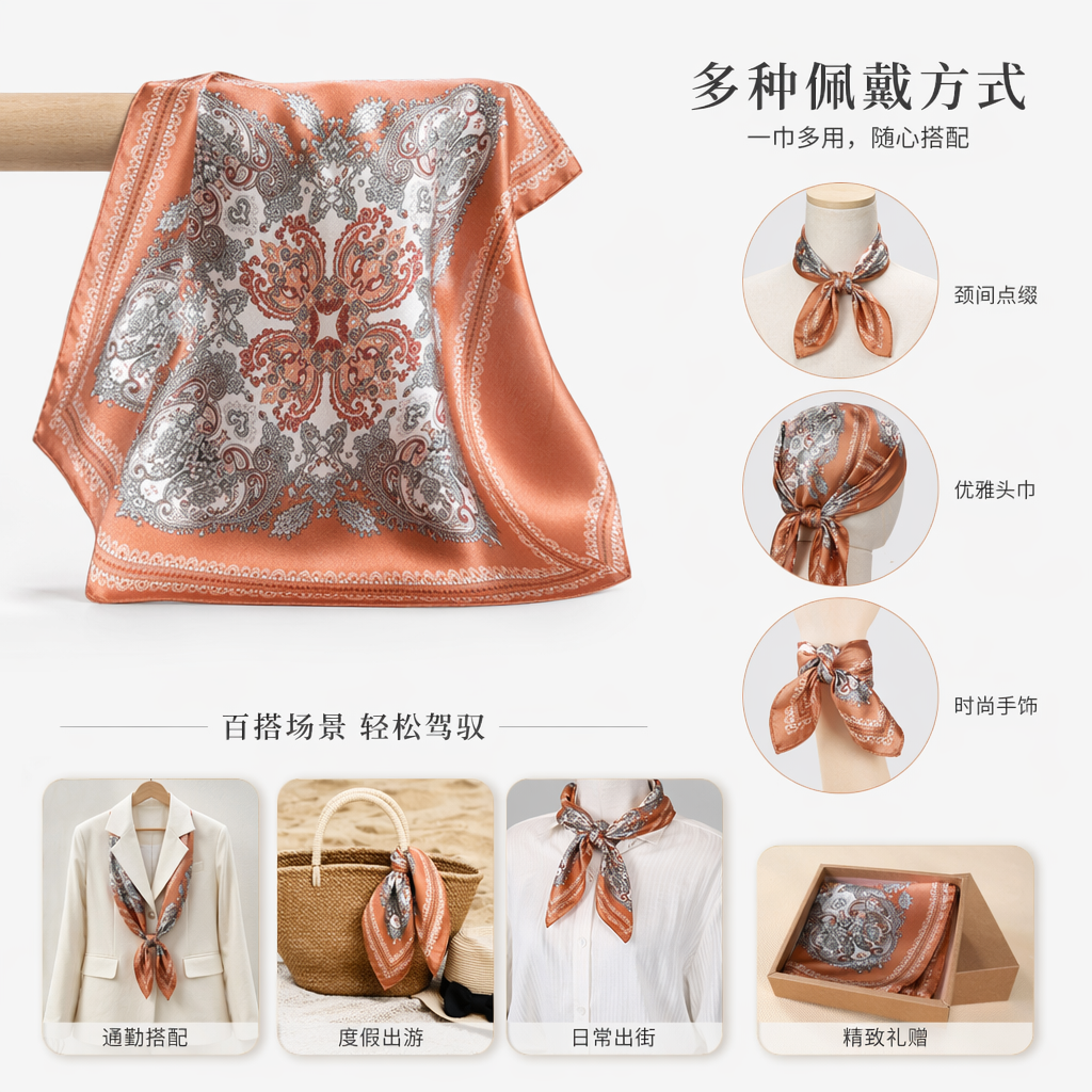 四色丝质围巾女士春夏薄款真丝方巾轻盈透气
