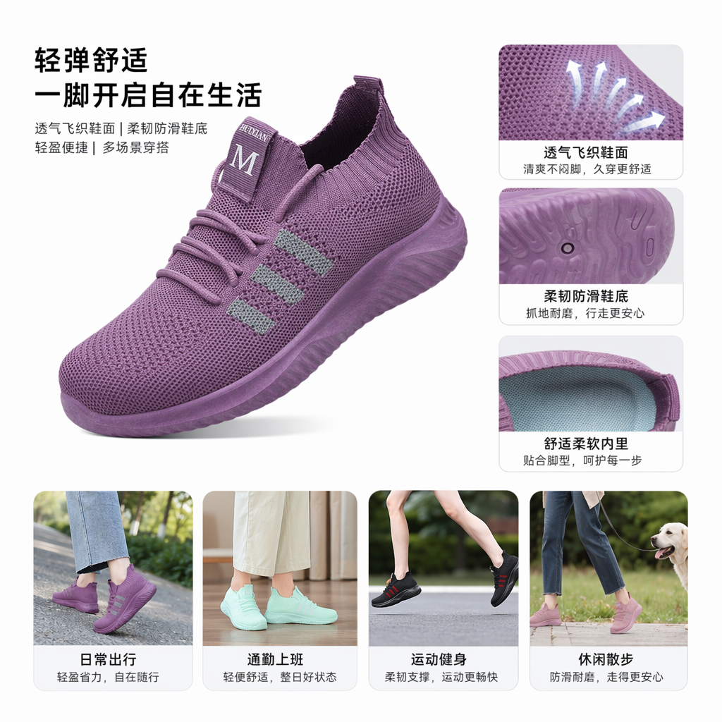 多彩俏鞋厂多色针织运动鞋黑黄紫青粉五色透气防滑纹路