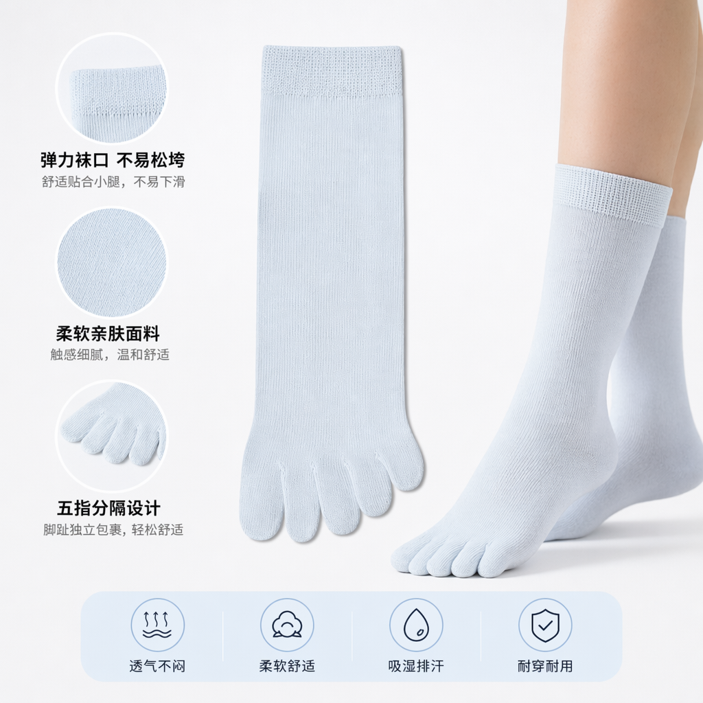 白色五指袜纯棉透气防滑运动袜男女同款