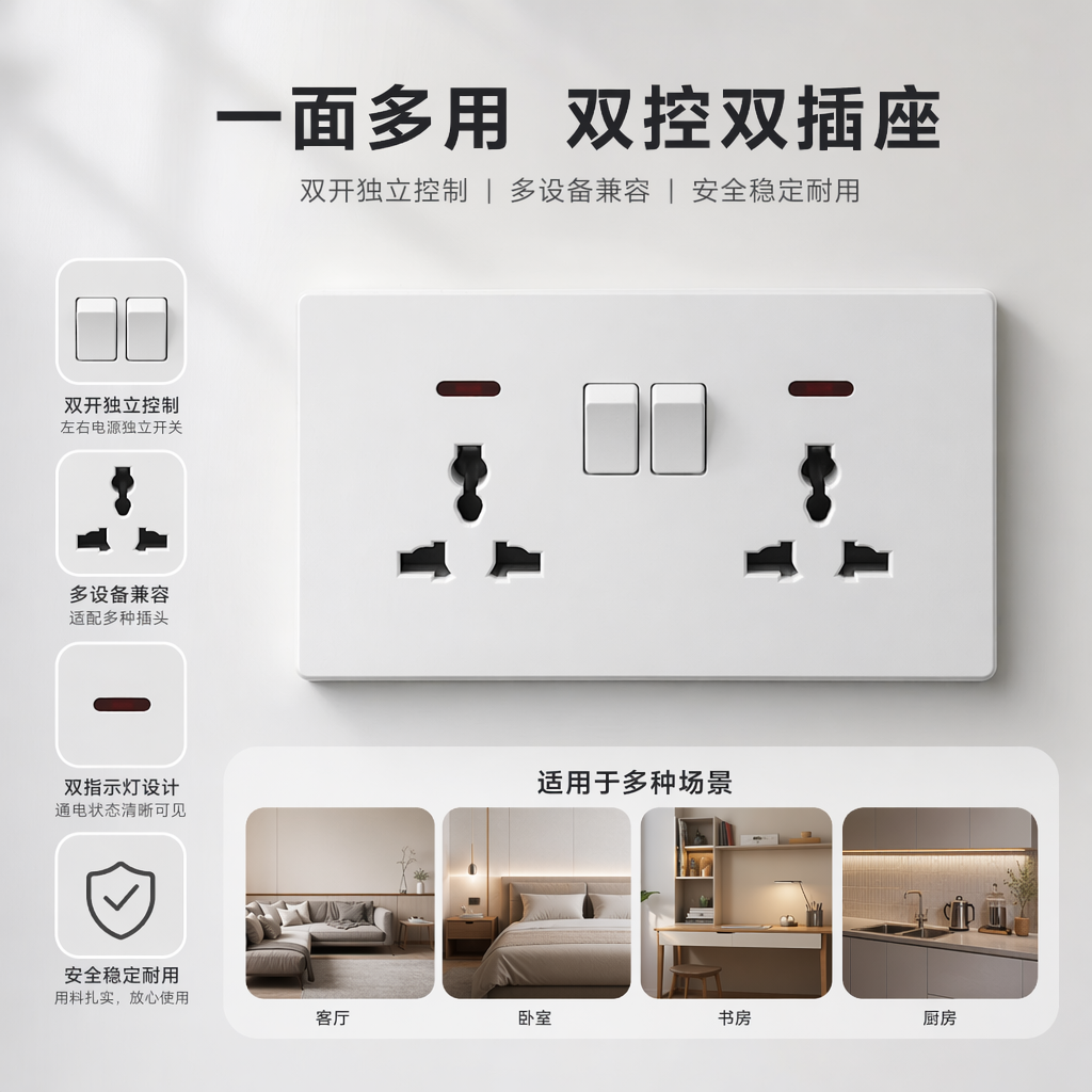 T5/T6白色双联13A多功能墙壁插座 家用明装暗装通用 专供出口