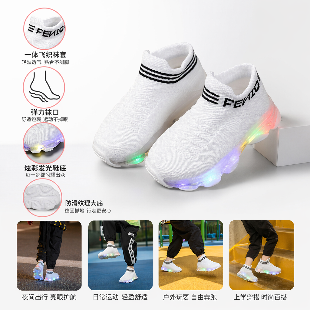 彩色LED发光针织高帮童鞋三双装黑白色粉鞋底彩灯亮起