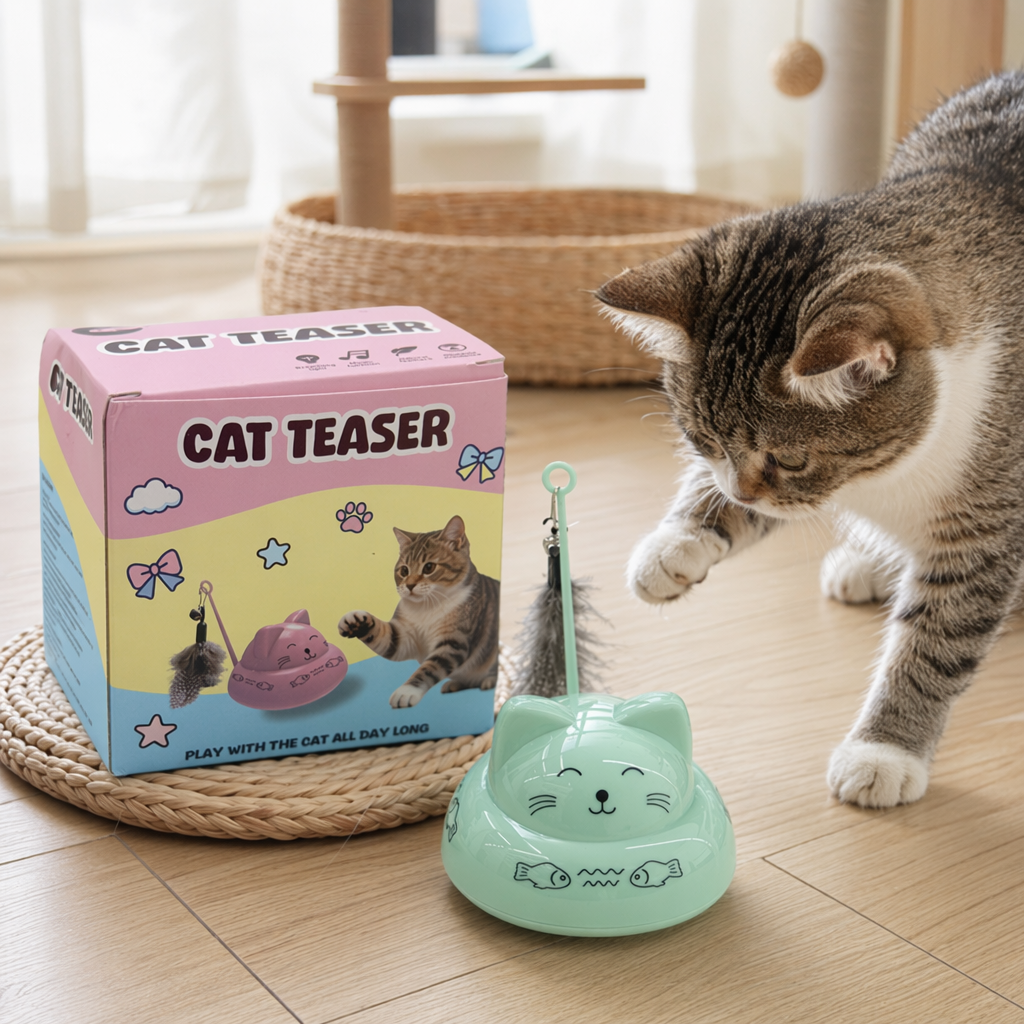 Pink CAT toy box with CAT TEASER print and feather stick pattern details Picture